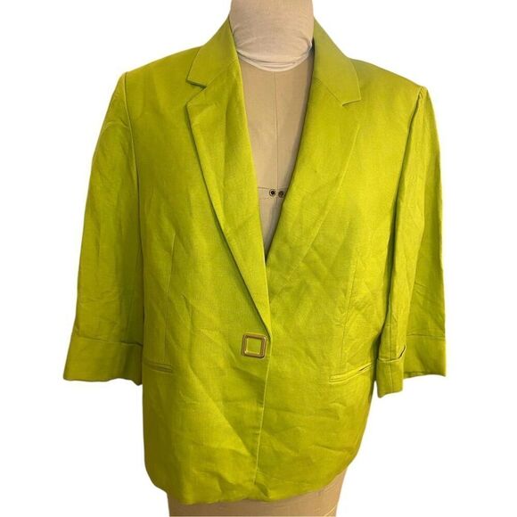 NWT Kasper Linen Blend Blazer Sz. 16P 3/4 Sleeves Lined Kiwi - Picture 1 of 13